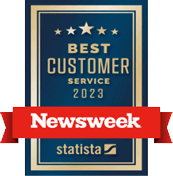 A badge with the text: "Best Customer Service 2023" awarded by Newsweek and Statista. The badge has three stars at the top and a red banner with "Newsweek" across the middle.