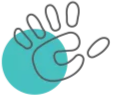 An abstract illustration of a hand outline in black over a turquoise circle on a transparent background.