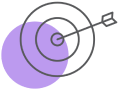 Illustration of an archery target with concentric circles and an arrow hitting the bullseye, overlaid on a solid light purple circle.
