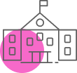 Icon of a school building with a flag on top and a pink circle behind it.